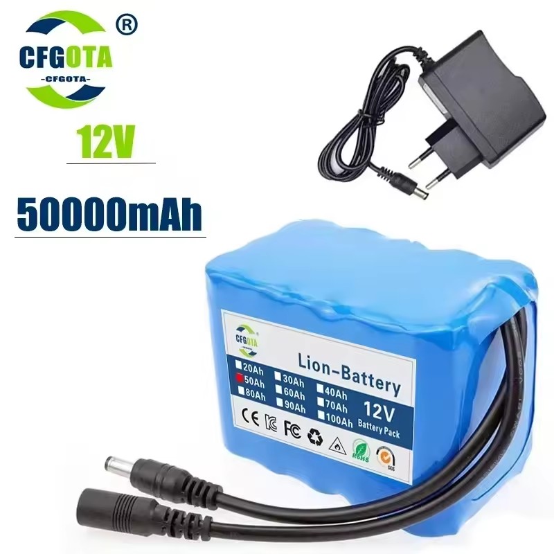 12V 50Ah 18650 Lithium Battery Pack 3S5P Rechargeable Battery with BMS 12.6v Charger for Fishing Bicycle Large Capacity Battery