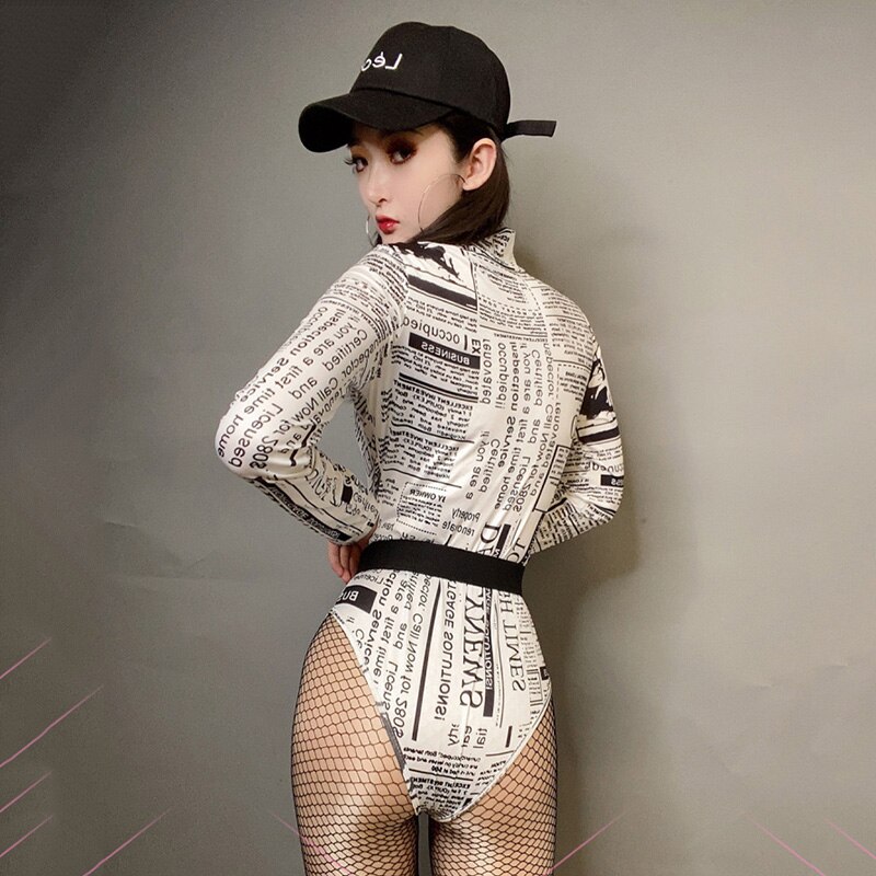 Hip Hop Costumes Adults Print Long Sleeve Bodysuit Women Street Dance Clothes Nightclub Bar Dj Ds Performance Wear DNV13381