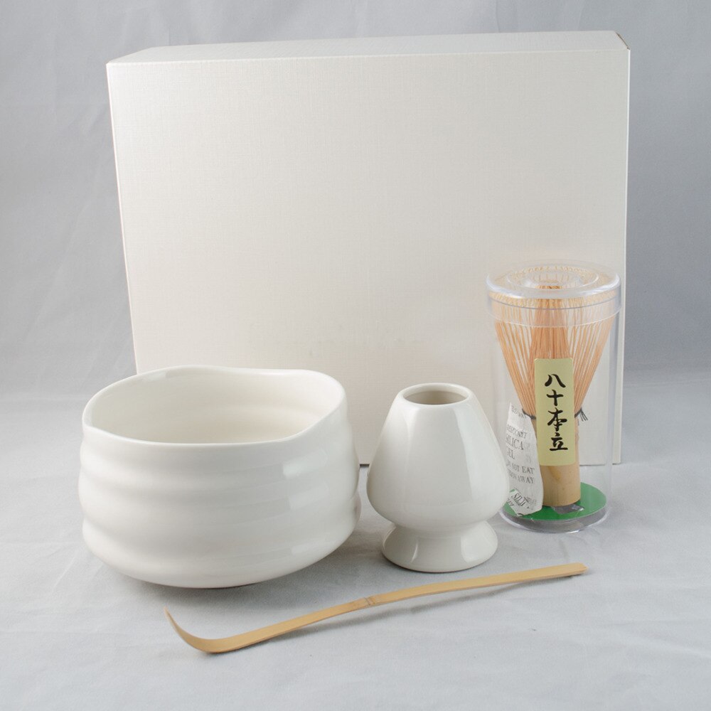 Super 4in1 White Giftset of Matcha Green Tea Tools Porcelain Matcha Bowl Handmade Japanese Bamboo Chasen Whisk Holder and Scoop: Default Title