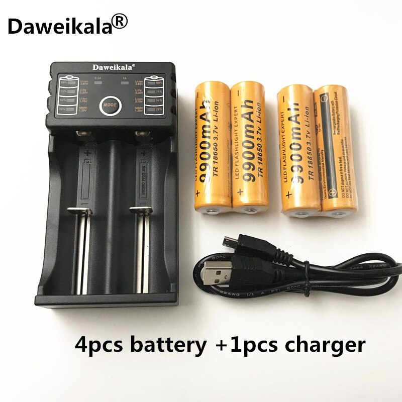 4pcs 18650 battery 3.7V 9900mAh rechargeable liion battery with charger for Led flashlight batery litio battery+1pcs Charger: Red