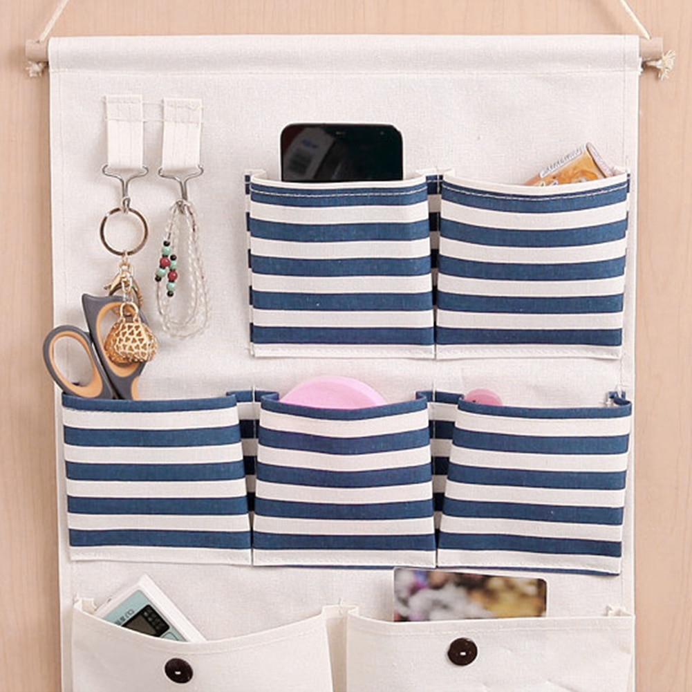 6/8 Pockets Stripe Closet Wall Hanging Organizer Cotton Linen Wardrobe Hanging Storage Bag Cosmetic Sundries Jewelry Storage