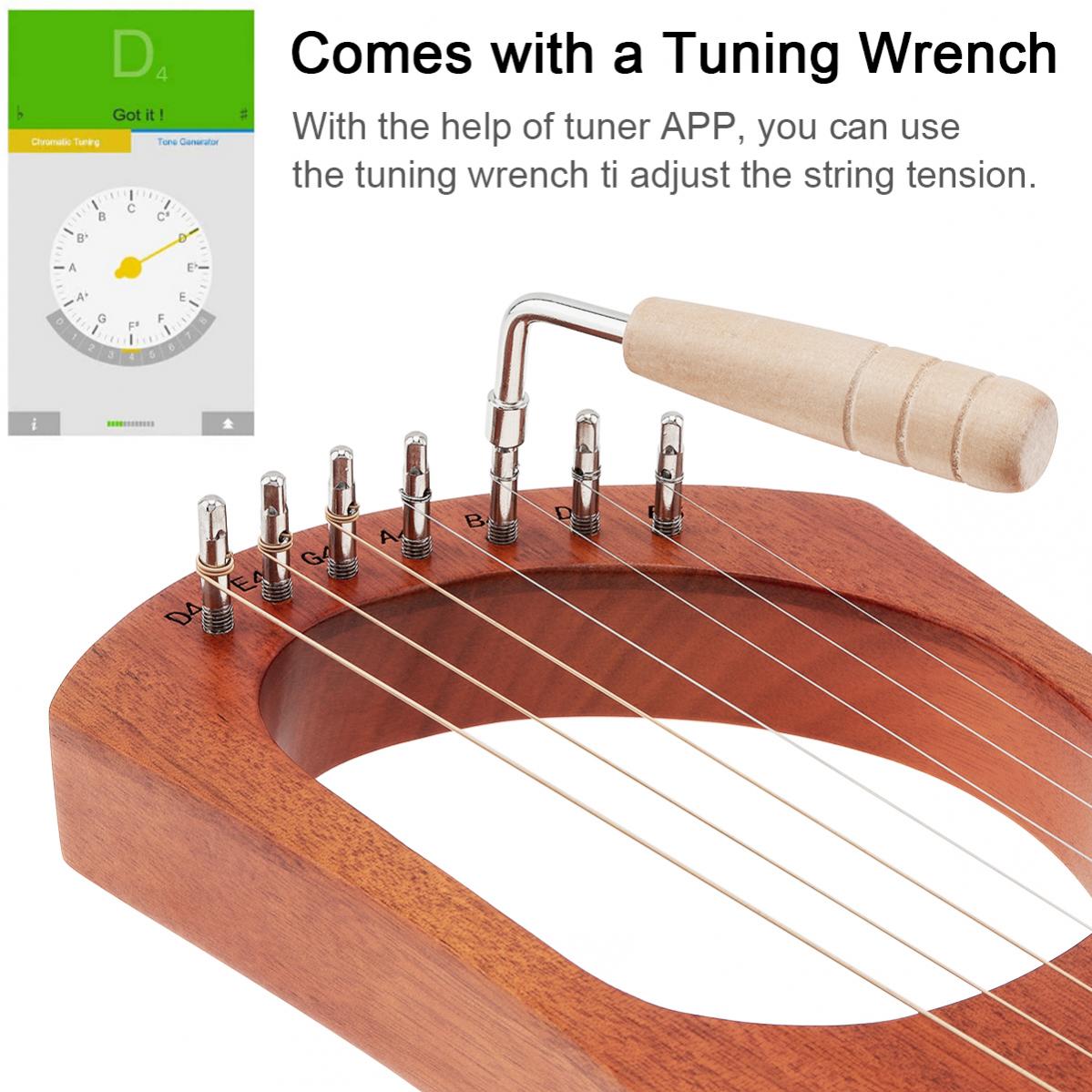 7 String Lyre Harp Solid Mahogany Wood Carving Reindeer with Tuning Hammer String Instrument