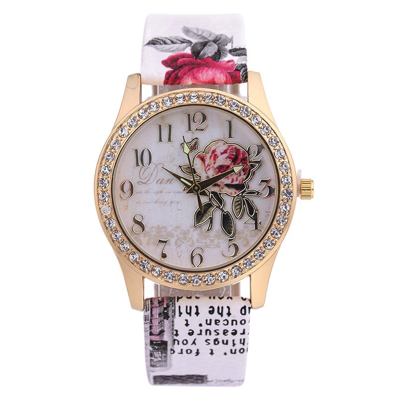 Dames Horloge Met Diamanten Bezaaid Goud Shell Riem Decoratie Mode Trend Rose Bloemenprint Strap Dames Horloge: 01