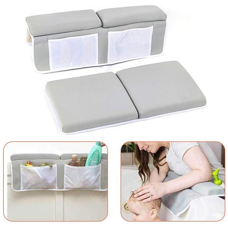 Coussin de bain pour genoux, repose-coude pour genouillère de bain avec filet à jouets et sac de rangement, facile à nettoyer, séchage rapide, doux et antidérapant, pour la baignoire