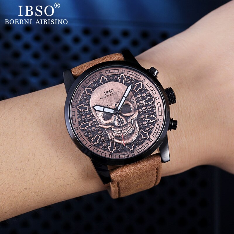 Ibso herenhorloges met schedel, quartzhorloges in punkstijl voor heren, hiphop sporthorloge, waterdicht, urenteller