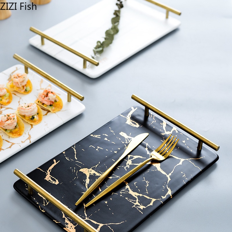 Bandeja de cerámica moderna de mármol dorado para restaurante, bandeja creativa para Sushi, plato de postre para desayuno en casa, accesorios de decoración para el hogar