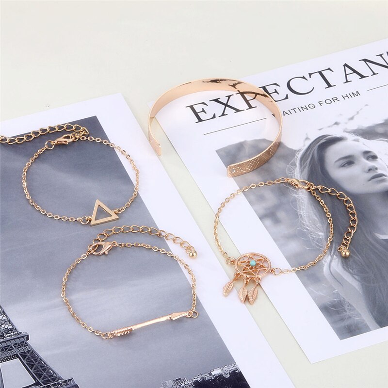 4 unids/set, triángulo flecha sueño Catcher pulsera para las mujeres de Simple abrir brazaletes de pulseras de joyería al por mayor