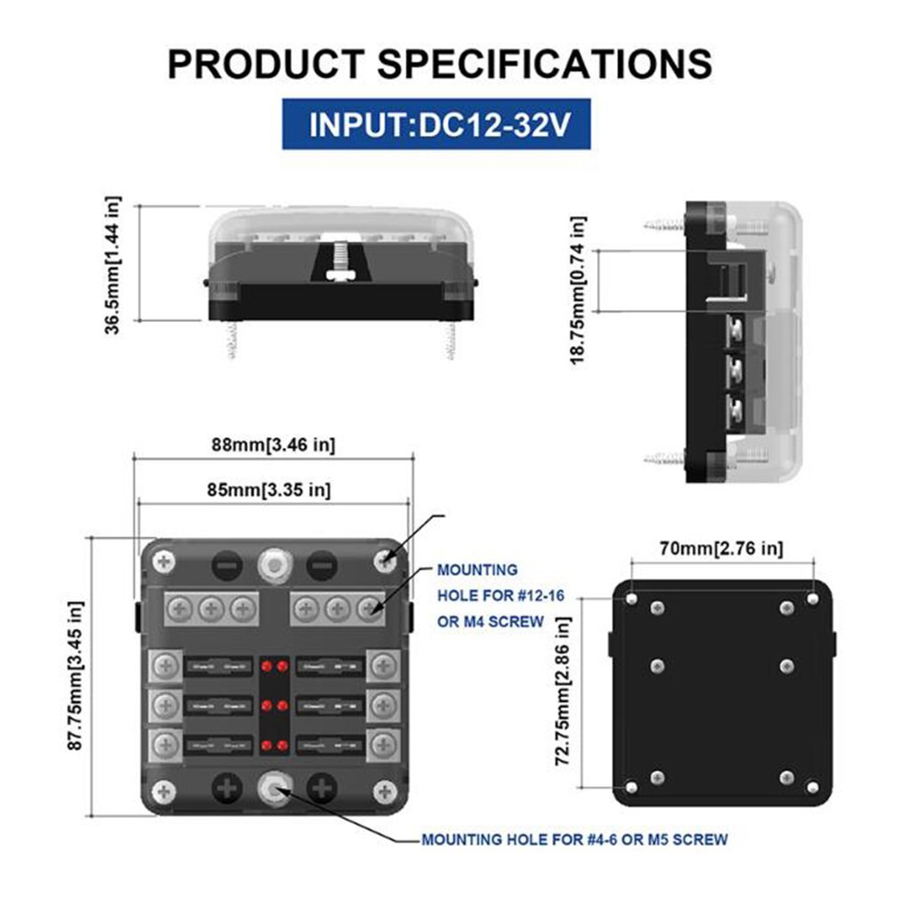 6 way 12V-24V car power distribution blade fuse bracket box block panel fuse LED indicators Marine applications