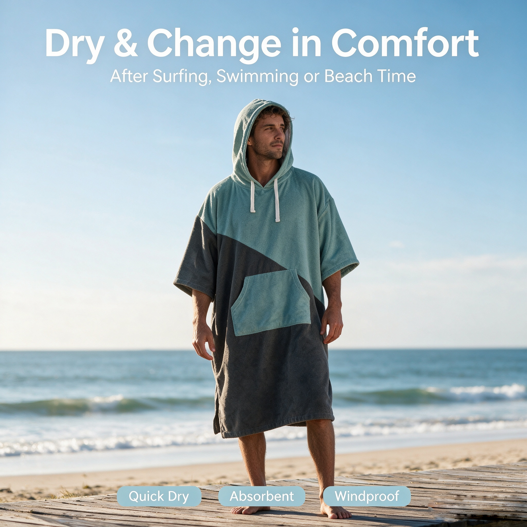 Surfponcho met capuchon, handdoekjas, sneldrogend, omkleedjas, zwemmen, surfen, duiken, draagbare badhanddoek, reizen, fitness, strand