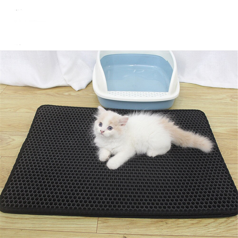 Cat Litter Mat Waterproof Pet Double EVA Layer Non-slip Foldable Kitten Sand Pads Layer Litter Box Cleaning House Cats Toilet: Black / 45x60cm