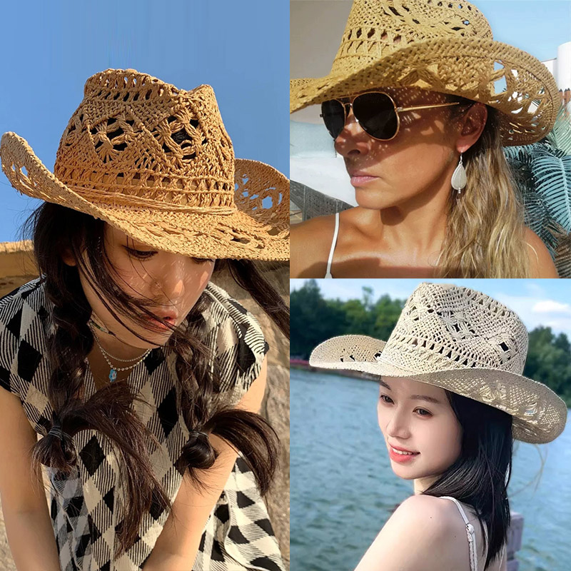 Sombrero de vaquero occidental para mujer y hombre, gorra de sol de playa de verano , sombreros vaqueros de vaquera, sombrero de paja, sombrero de vaquero Vintage blanco y negro para mujer