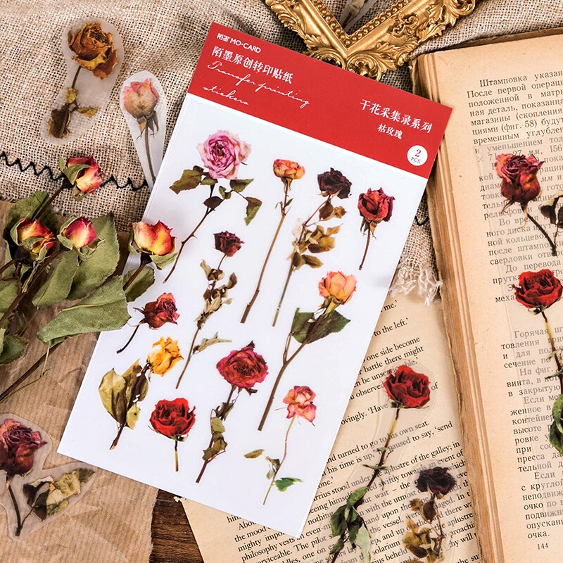 2 pcs/pack Natural Iris Daisy Flower Transfer Printing Stickers Transparent PVC Material Flowers Leaves Green Plants Stickers