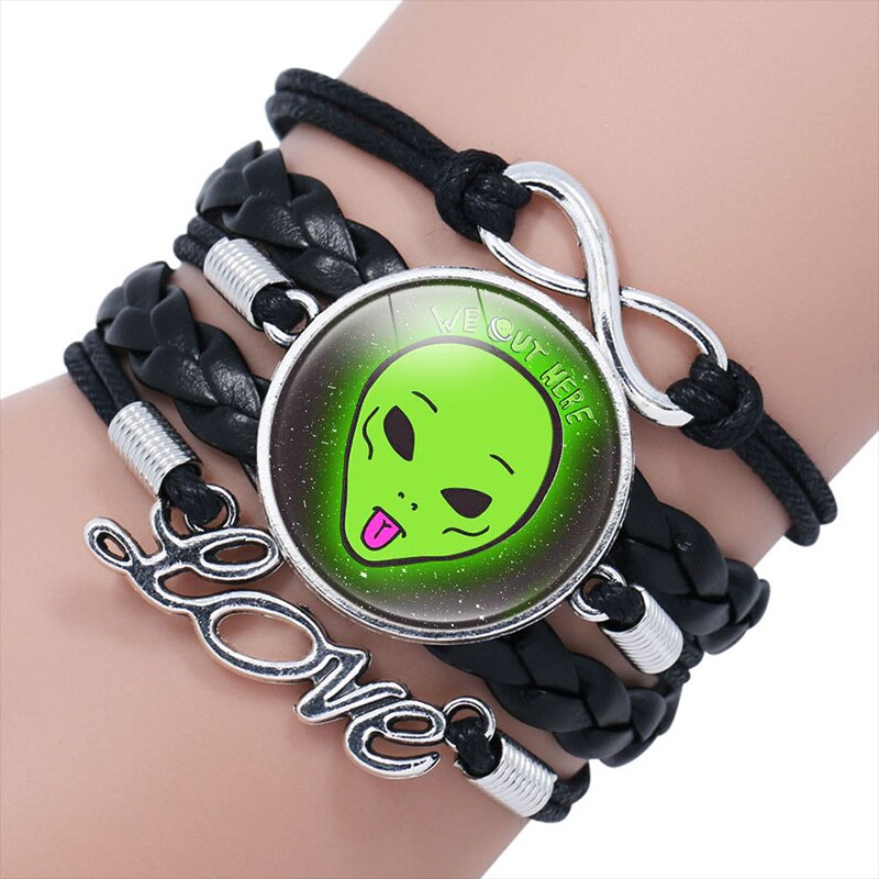 Green Alien Leather Bracelet Multilayer Glass Cabochon Bangle Bracelets Handmade Children's