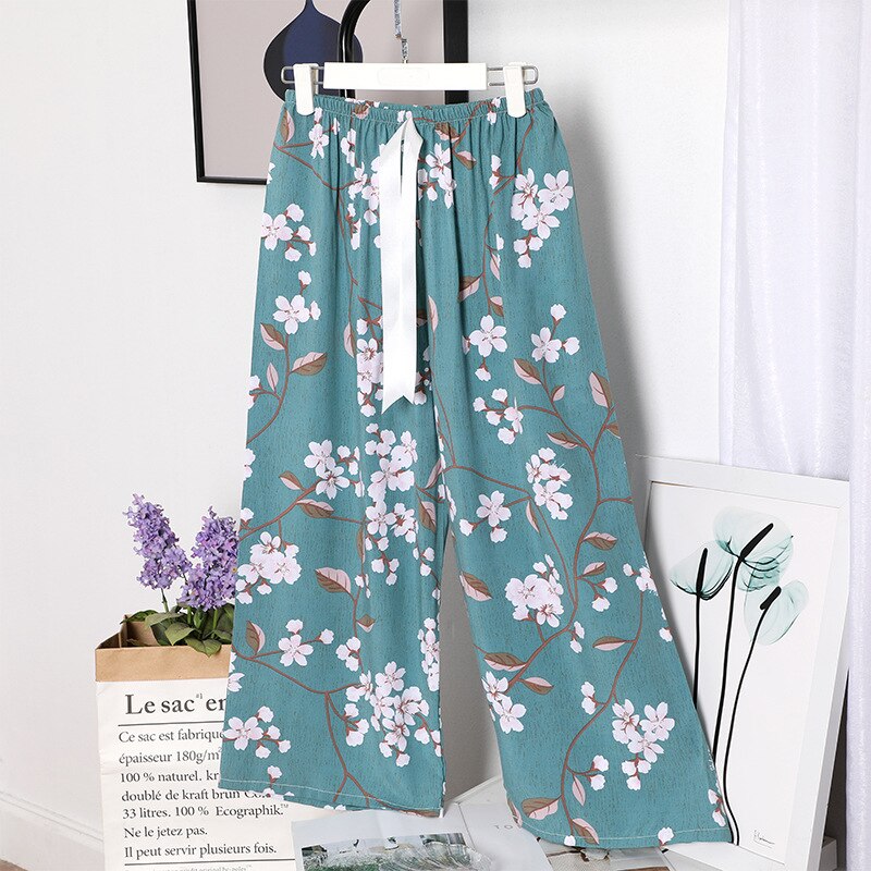 summer large size cotton home pants Korean girls' sweet loose wide leg pajamas: Gold