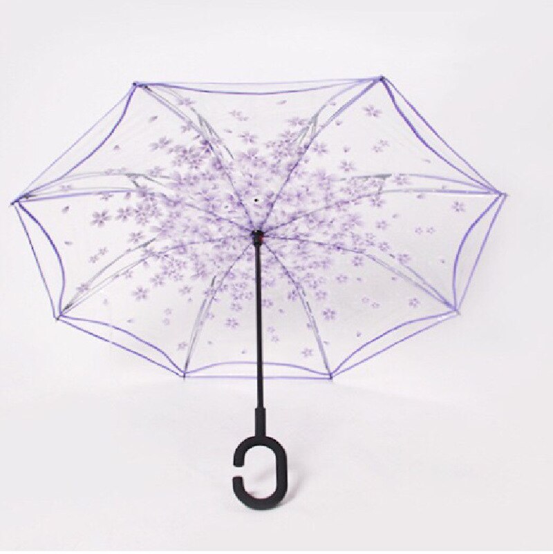 Parapluie Transparent inversé Sakura pour femmes, Double couche, poignée en C, coupe-vent, parapluie pliable, équipement de pluie