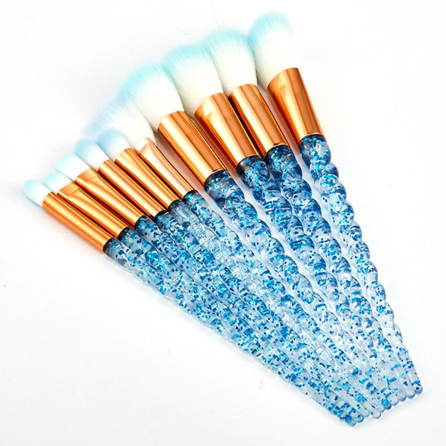 10 brochas de maquillaje de unicornio brochas de maquillaje de cuerno espiral blanco: Azul