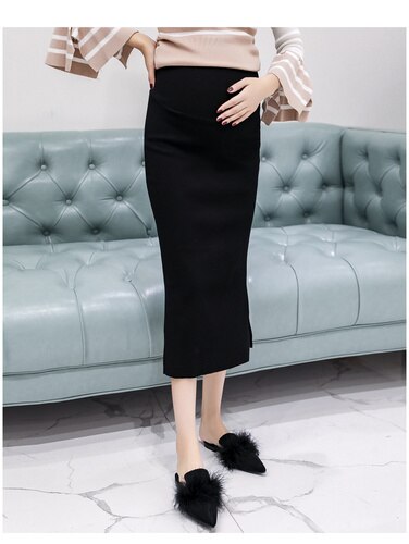 Faldas de otoño para vestido de maternidad, falda de tendencia de terciopelo tejida con abertura para mujeres embarazadas, ropa para la Oficina y el vientre: Black / XXL