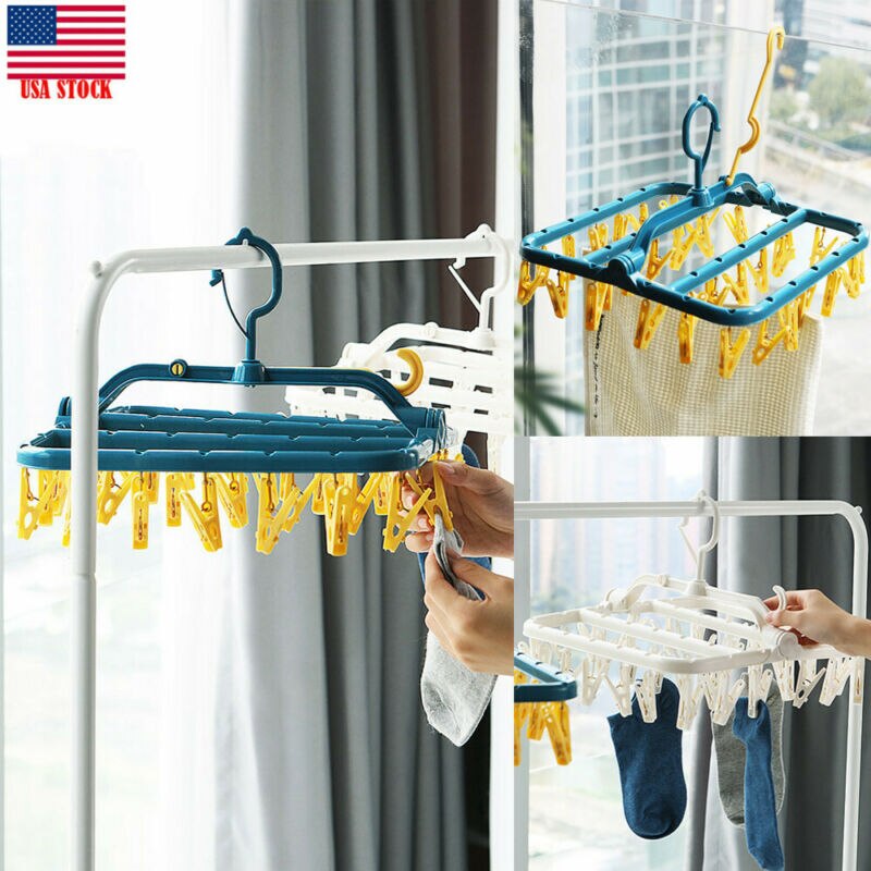 Folding Clothes Hanger Round Drying Rack Laundry Hanger Hook Sock Clothes Hook 32 Clips CollapsibleClothes Peg Hook Airer Dryer