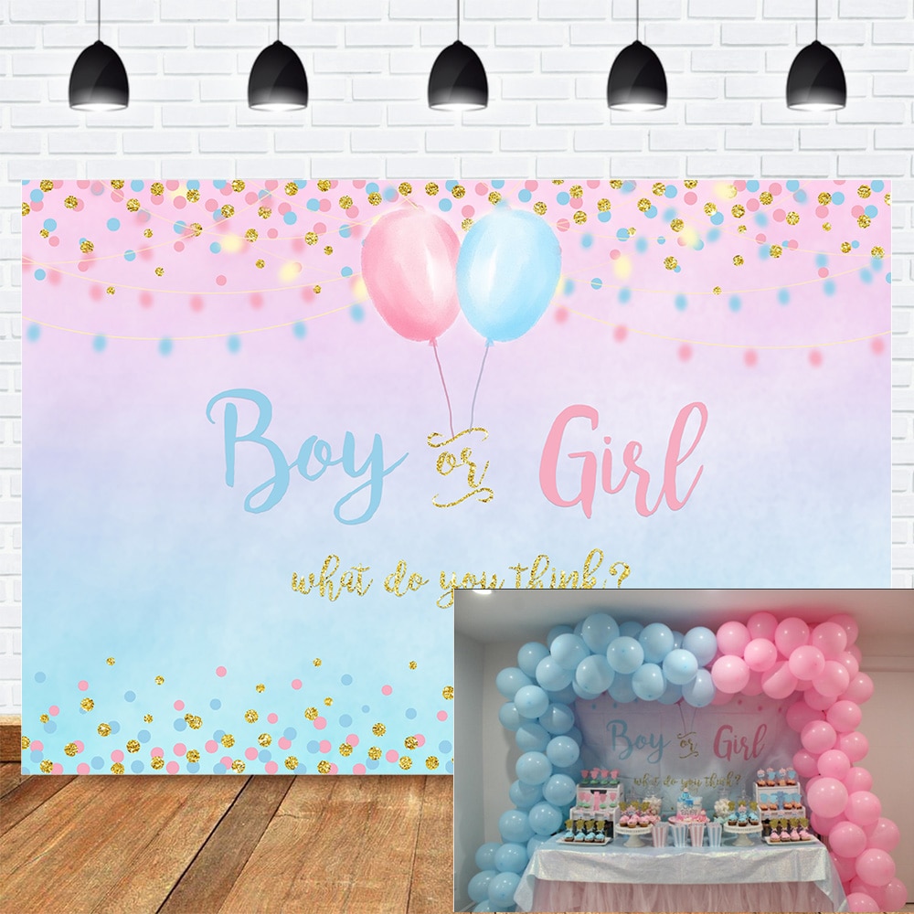 Junge oder Mädchen Geschlecht Offenbaren Hintergrund Foto Blau Rosa Punkte Ballon Neugeborenen Hintergrund Baby Dusche Party funkeln Hintergrund