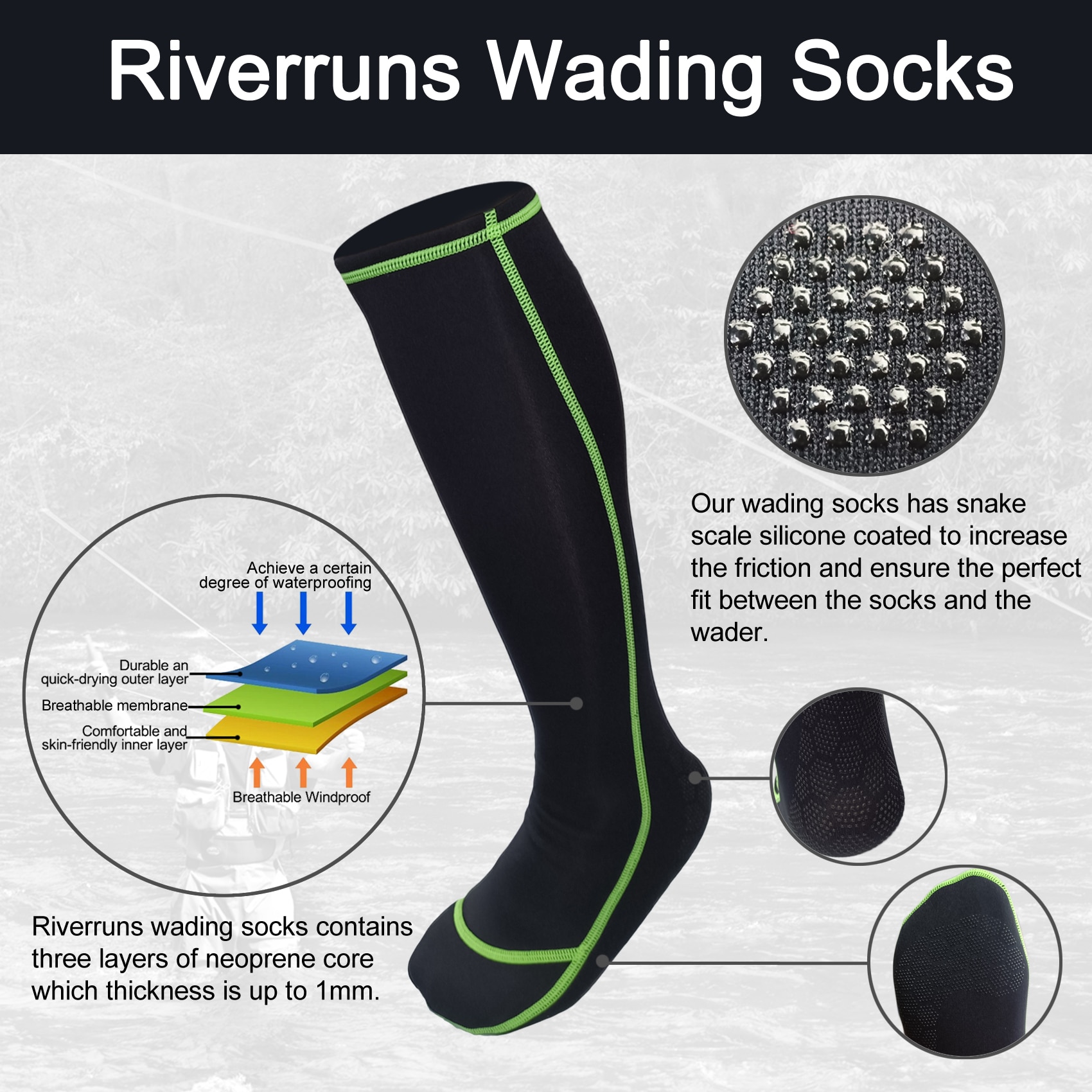 F Riverruns Frictionless Wading Socks, Neoprene Wet-suit Wader socks for Men and Women Outdoor Fishing, Surfing, Wakeboarding.