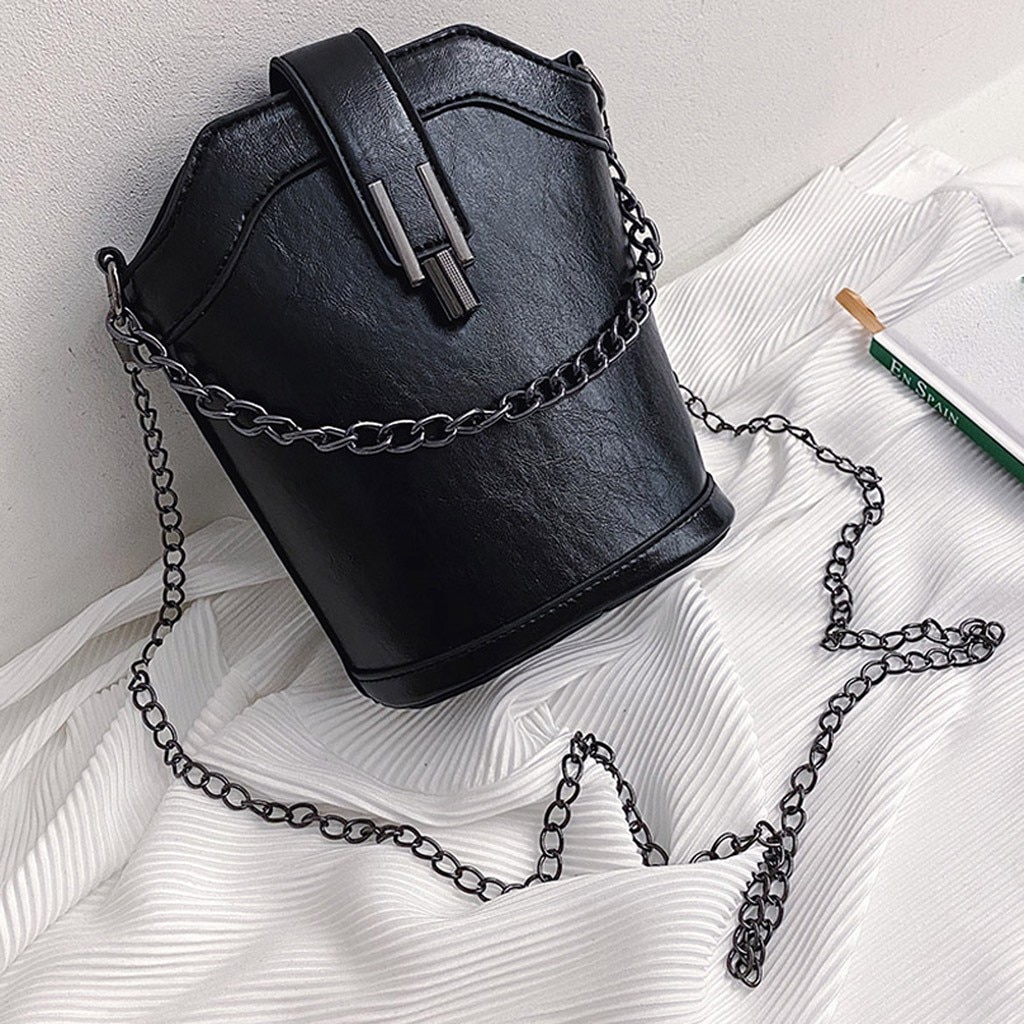 Casual Women's Blue Shoulder Bags Large Capacity Luxury Chain Bucket Purse PU Leather Women Crossbody Bags Solid Color