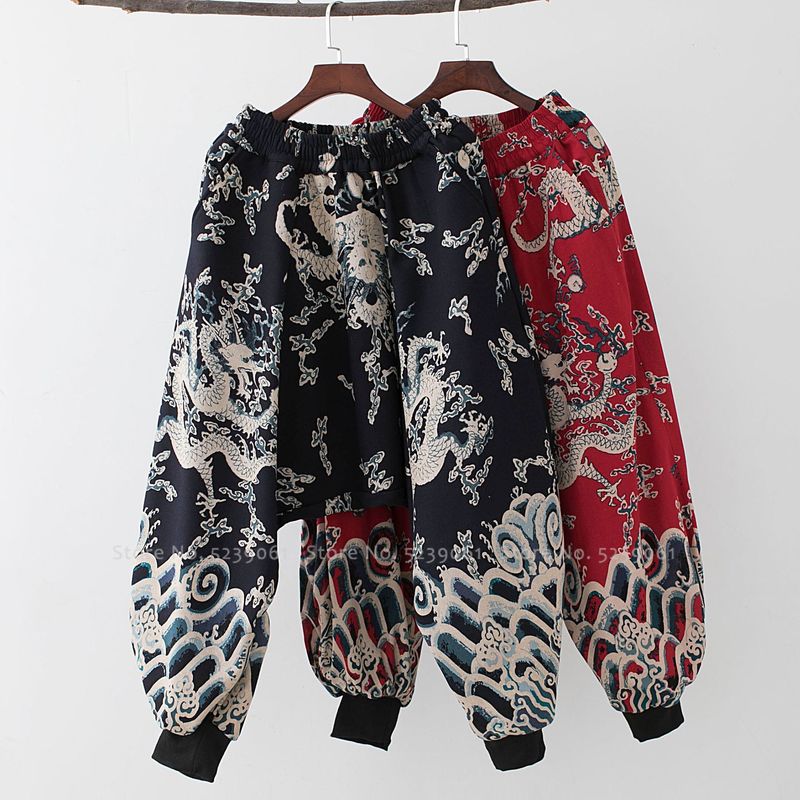 Hanfu-traje chino tradicional Tang para hombre, pantalones de dibujo de dragón de pierna ancha, pantalones holgados informales de algodón coreano, Kimono de estilo japonés