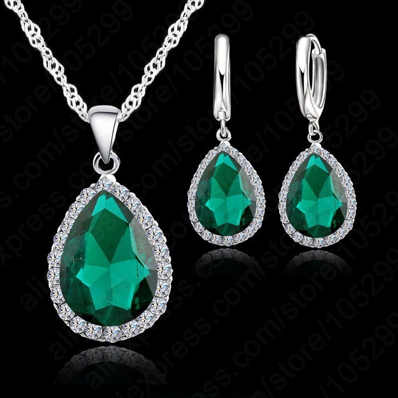 925 Sterling Silver Necklace Jewelry Set Water Cubic Zircon Crystal Necklaces Wedding Necklace Pendants For Women: green