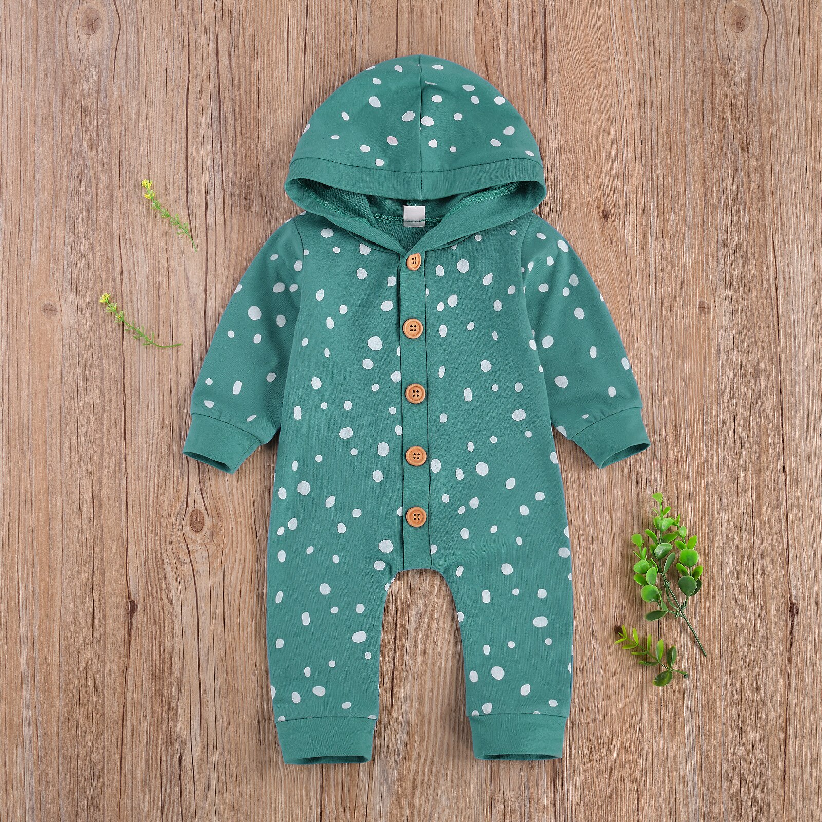 2020 nova queda outono 0-24m da criança do bebê menina menino pontos imprimir único breasted com capuz macacão manga longa botão para baixo macacão