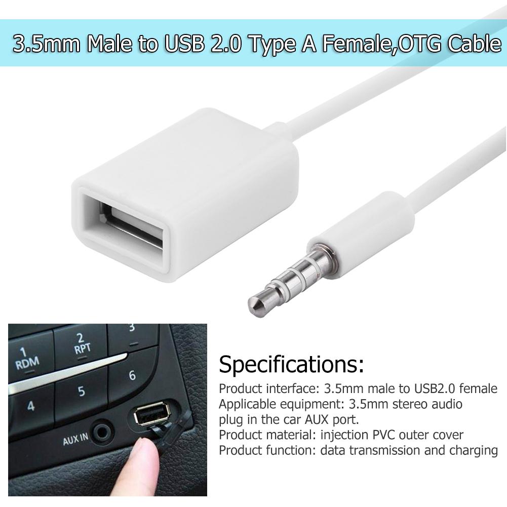 Bil 3.5mm 2.0 linjers audio aux jack hane till usb typ a hona otg konverter adapter kabel bil tillbehör