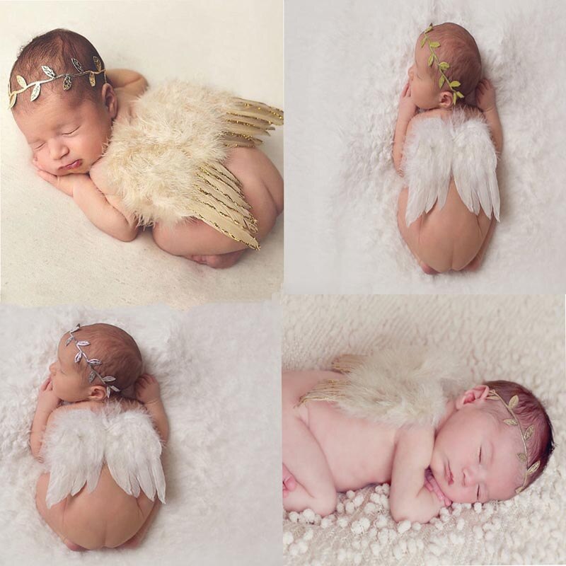 Pasgeboren Fotografie Props Infant Baby Meisjes Jongen Angel Feather Wings Feather Photo Prop Vleugels Hoofdband Kleding Haarband