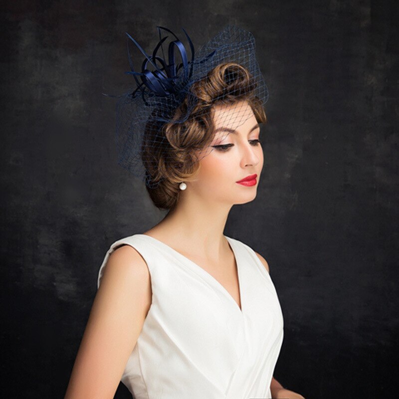 Navy Blue Wedding Hats Bridal Headpiece with Veil Handmade Birdcage for Evening Party