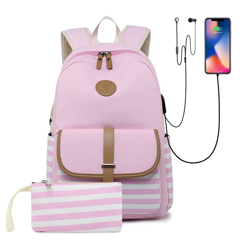 Vrouwen Rugzak Canvas Leather Reizen Schoudertas Stijlvolle Schooltas Meisje Multifunctionele School Rugzak Voor Vrouwen 2 Stuks: Roze