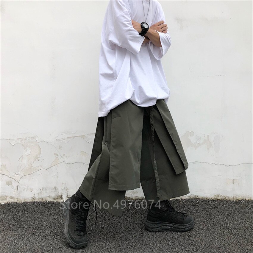Pantalones de pierna ancha de estilo japonés para hombre, Pantalón recto Irregular, Harajuku, negro, ropa de samurái, Unisex, estilo Hip Hop urbano