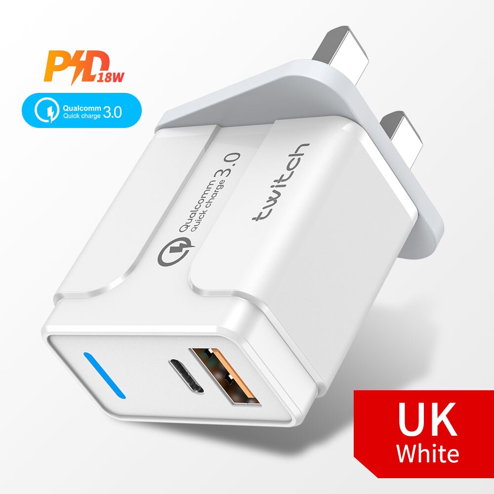 Twitch Quick Charge 3.0 18W PD USB Wall Charger for Samsung Xiaomi iPhone 11 Pro X Charging UK Adapter Fast Mobile Phone Charger: UK White