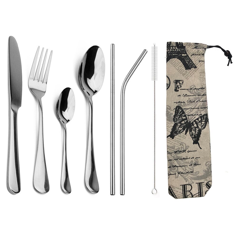 8 unids/set portátil vajilla de acero inoxidable 304 Set de Cubiertos con bolsa pajitas vajilla bolsa de viaje para Picnic: Silver D
