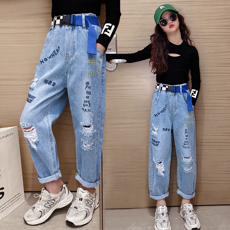 Neue Frühling Sommer Mädchen Jeans knapp Zerrissene Denim Hosen freundlicher Hosen See Blaue Schlauch freundlicher Jeans 5 6 7 8 9 10 11 12 13 jahre