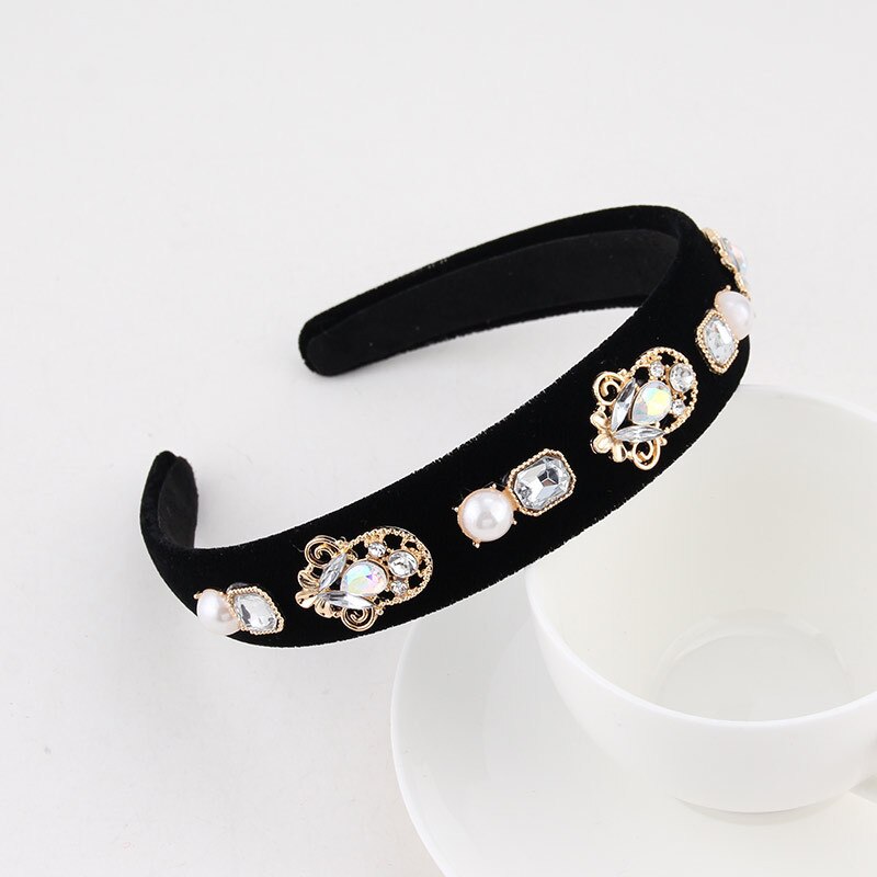 Hair Accessories Baroque Jeweled Pearl Hairband Crystal Rhinestone Bezel Velvet Satin Headband For Women Girls: Pattern 07