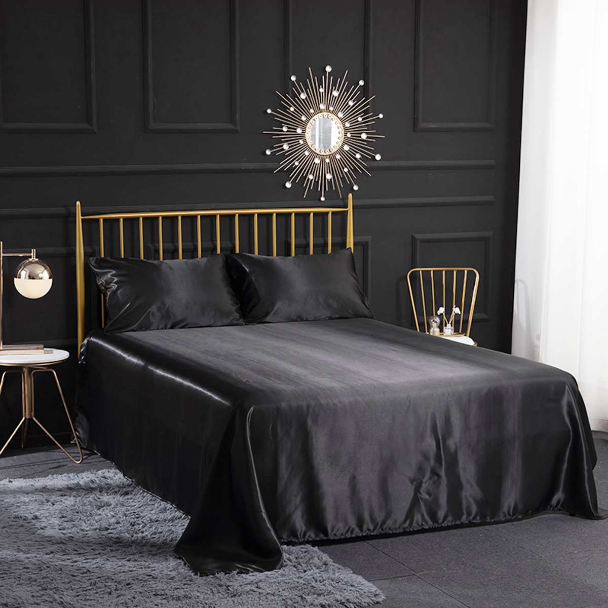 4 stk romantisk silke sengetøj sæt blød silke satin hjemmetekstil sengesæt fladt lag monteret lagen pudebetræk tvilling/hel/queen/king size: Sort / Fuld
