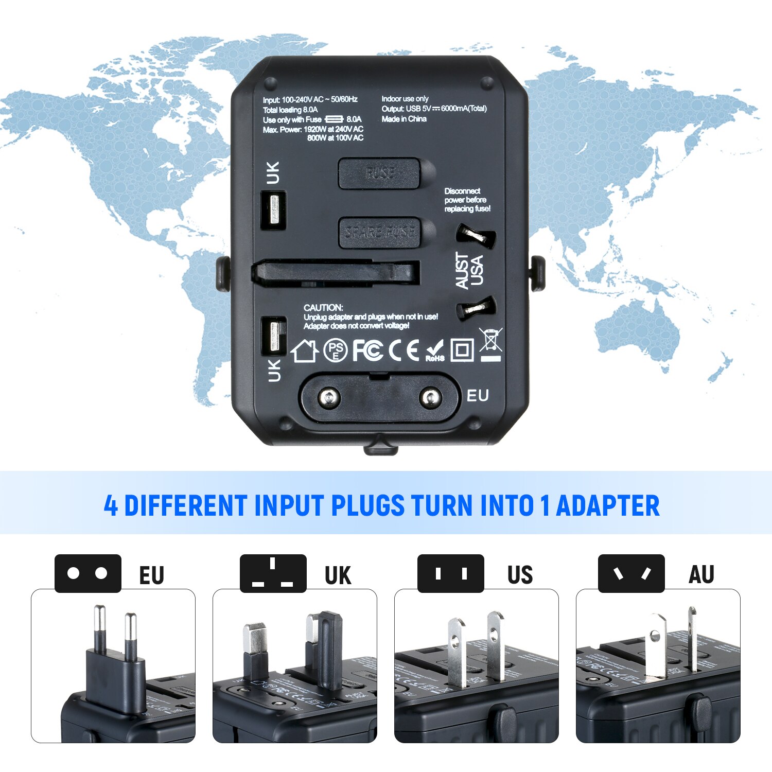 Travel Adapter 4 USB Worldwide All in One Universal Travel Adapter Wall Charger AC Plug Adaptor with Smart Power and Protection