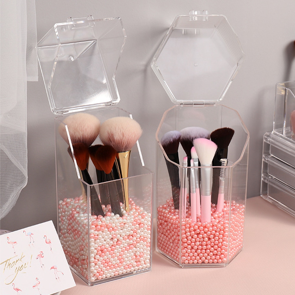 Caja acrílico transparente para guardar brochas de maquillaje, recipiente perlado de almacenamiento y organizador para cosméticos y para lápices de labios