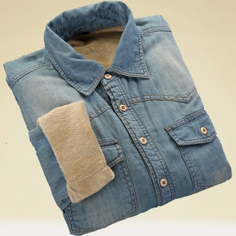 Winter Fall Warm Fleece Lined Cotton Denim Shirts Solid Blue Pockets Jeans Shirt Men Loose Fit Leisure Male Coat Chemise Homme