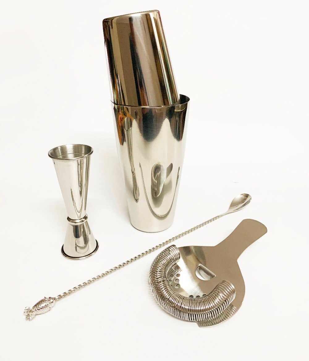 Boston cocktail shaker bar sæt : 18oz & 28oz boston shaker dåse, cocktail si, dobbelt jigger, ananas blandeske