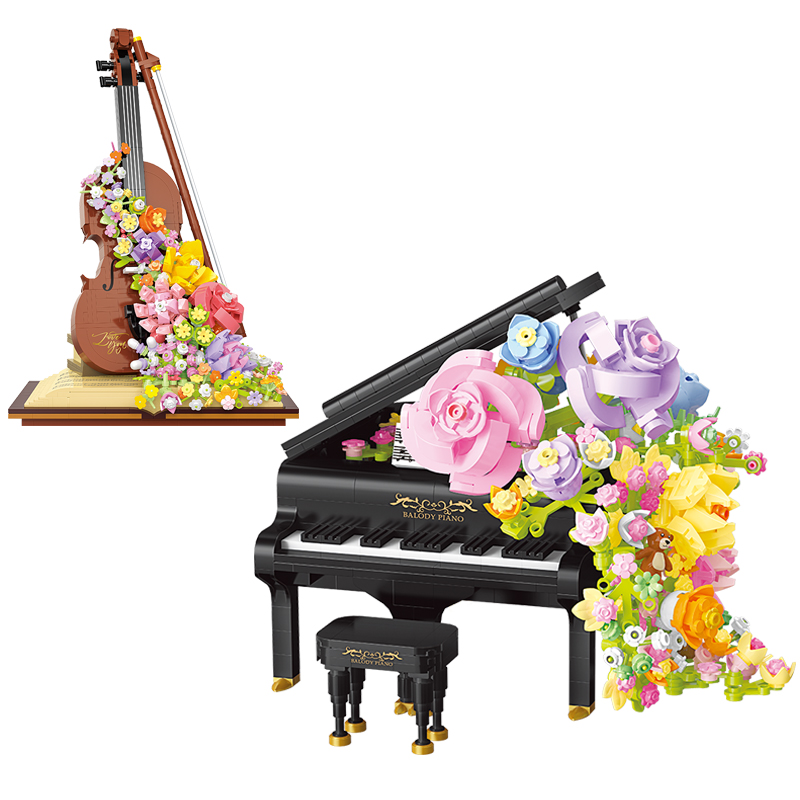 DIY Decorations Violin&Piano Flowers Small Particle Building Blocks Models Assembly Toys Valentine's Day