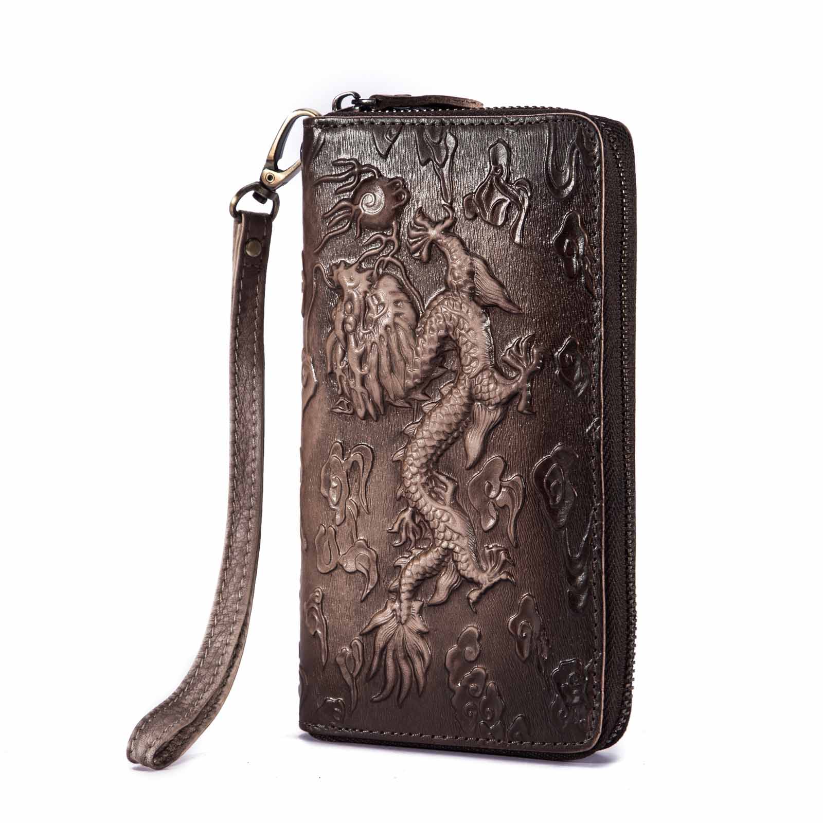 Unisex Top leather Card Holder Checkbook Zipper Around Organizer Chain Wallet Purse Clutch Handbag 1016: c-coffee-dragon