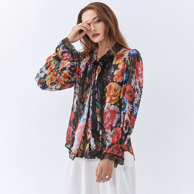 Twotwinstyle hit farvetrykt skjorte til kvinder sløjfekrave flare ærmer patchwork blonde afslappet bluse kvindeligt efterår