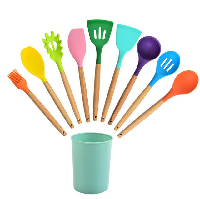 Ustensiles de cuisine en silicone, manche en bois, pelle antiadhésive, cuillère, ustensiles de cuisine, nouvelle couleur, ensemble d'ustensiles de cuisine: 10 pcs