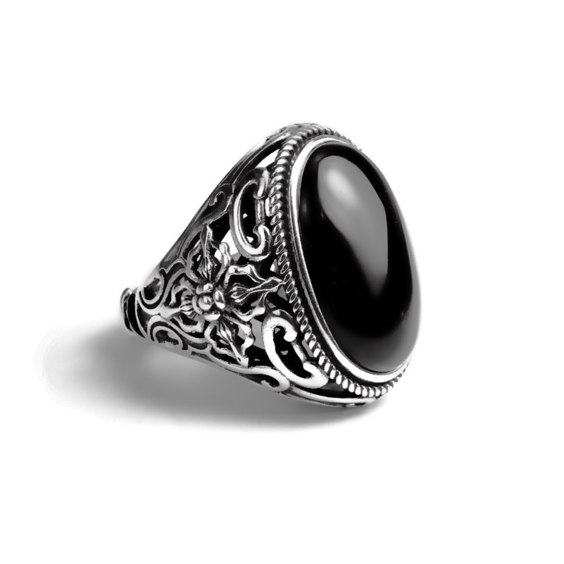 Nero S925 Anello Uomo Reale 925 Sterling Silver Ring Mens Naturale Onice Pietra Vintage Freddo di Modo Anello In Argento Thai