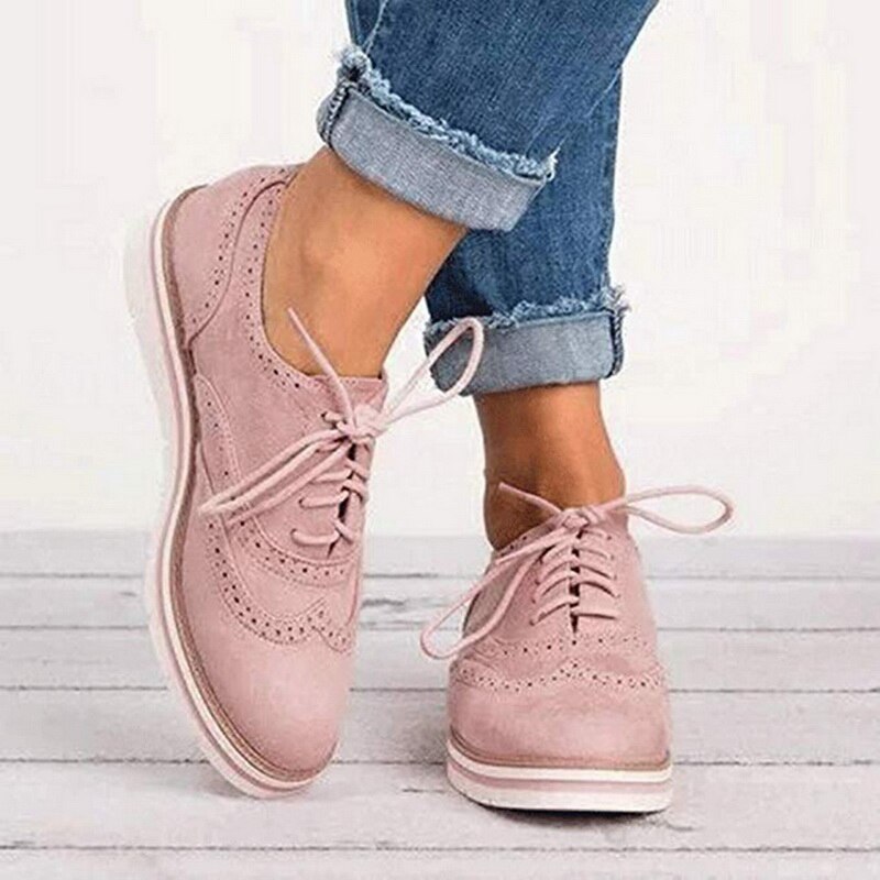 Litthing kvinnor lägenheter skor oxfords cut-outs snörning platå skor pu läder dam halkfria skor andas damskor: Rosa / 39