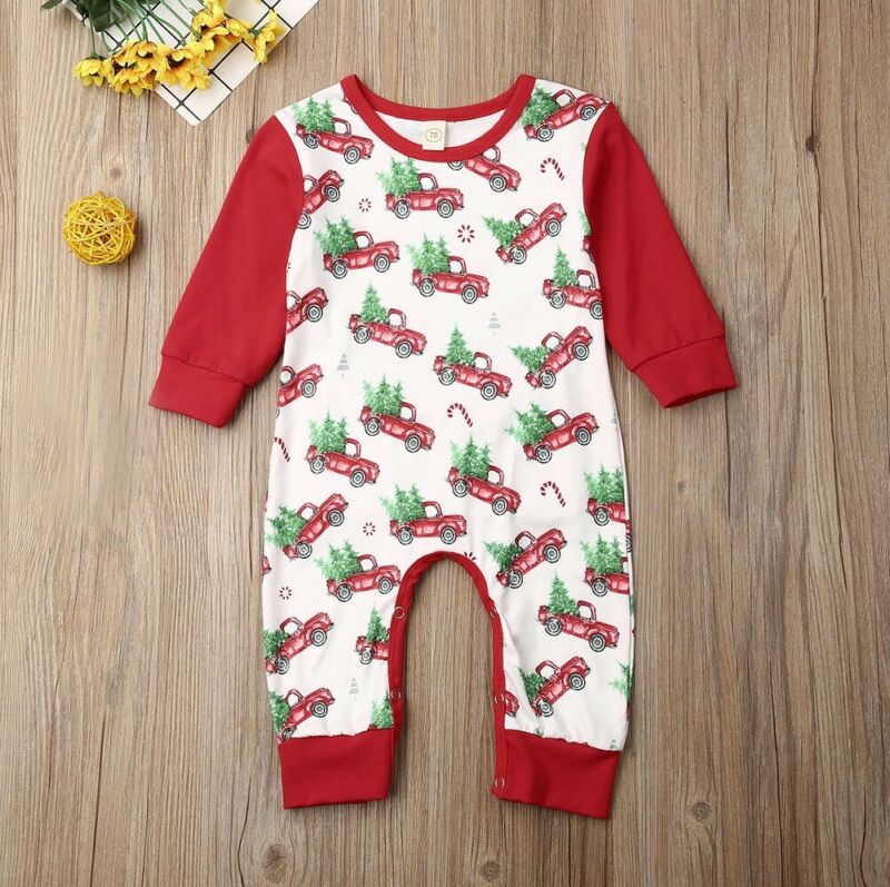 Newborn Baby Boys Girls Christmas Romper Long Sleeve Cartoon Christmas Tree And Car Print Jumpsuit Clothes Outfits Pants