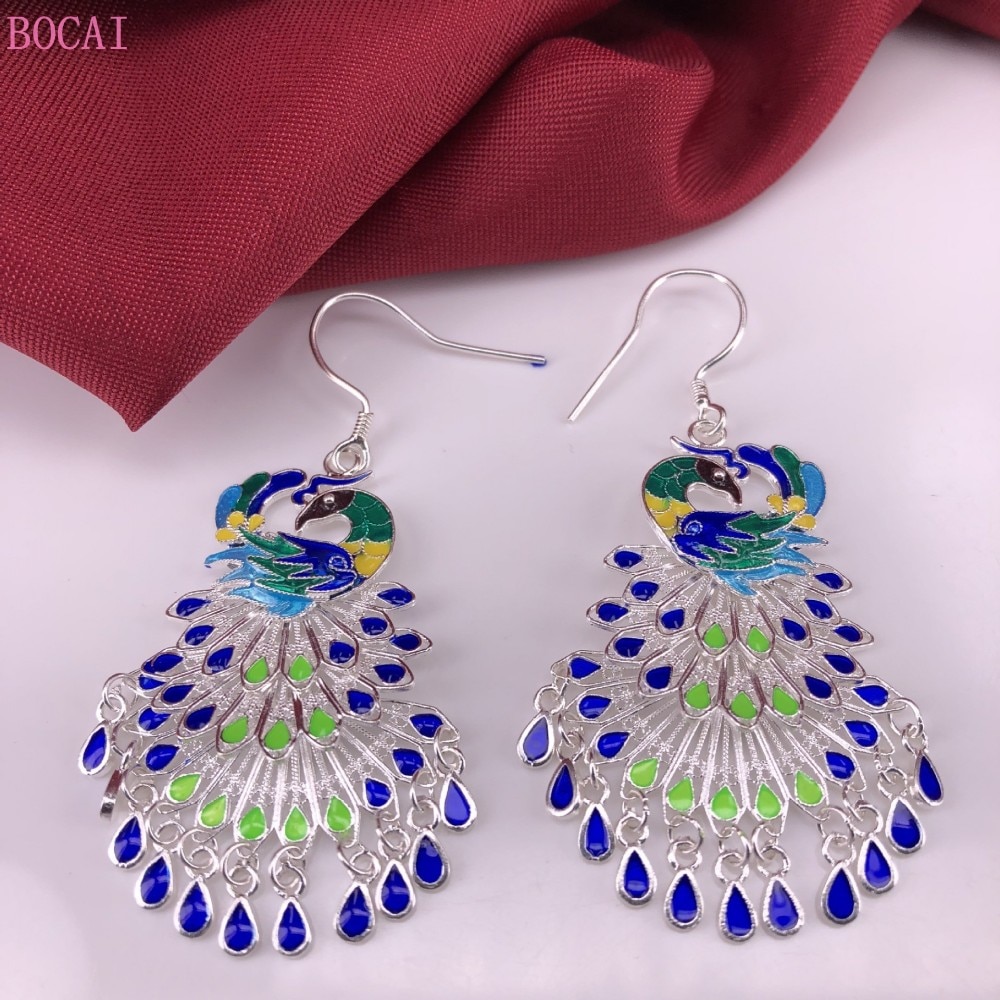 S990 reinem silber Cloisonné pfau Phönix ohr tropfen ohrbüGel reine Hand gebürstet nationalen ohrringe für frauen